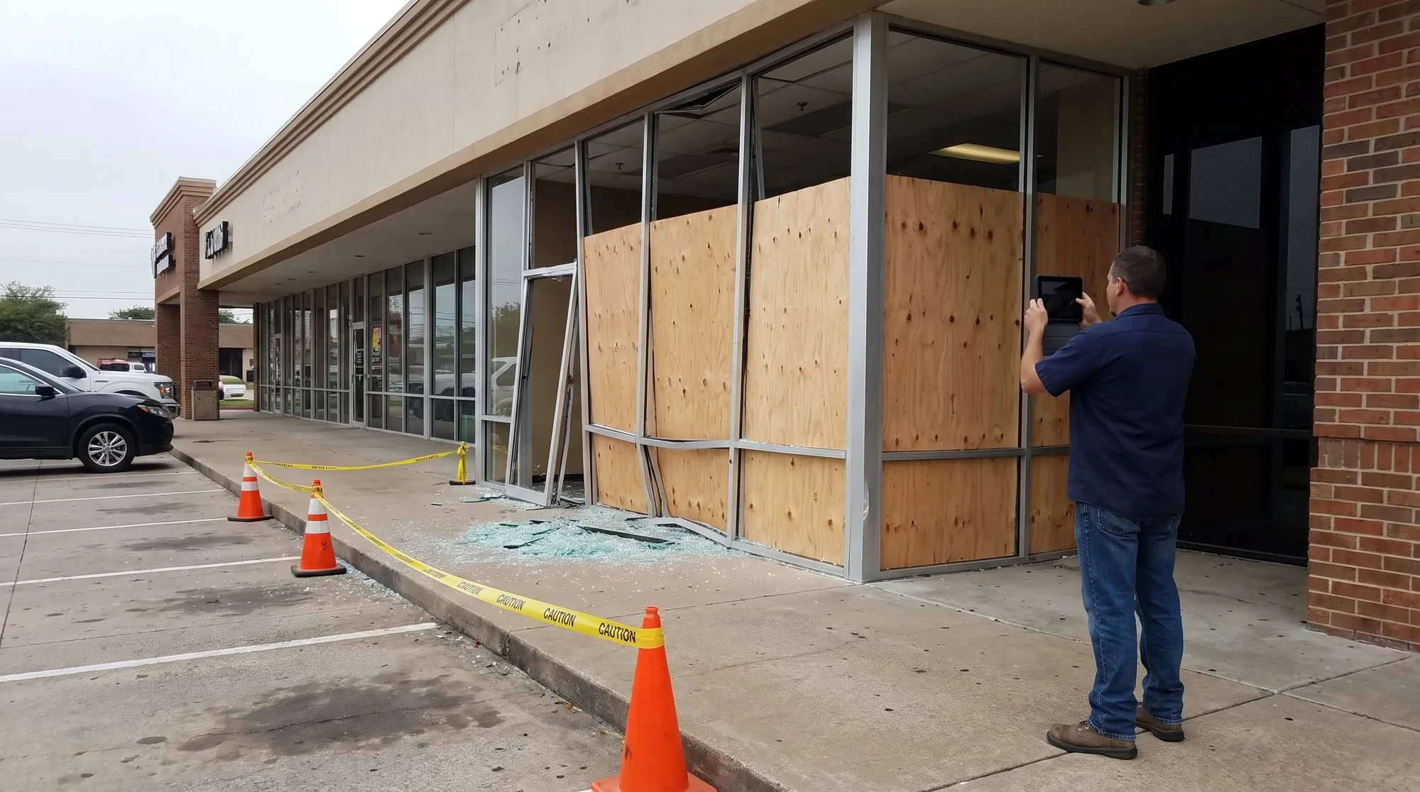 Storefront secured with plywood after a vehicle crashed through the glass