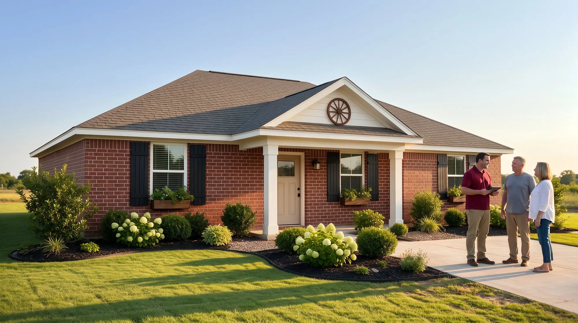 Brick ranch home with white trim and a landscaped front yard