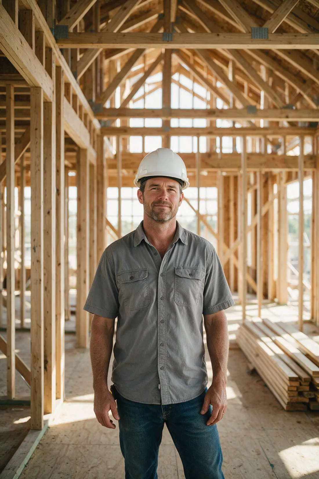 Builder in a white hard hat standing inside the wood framing of a new home