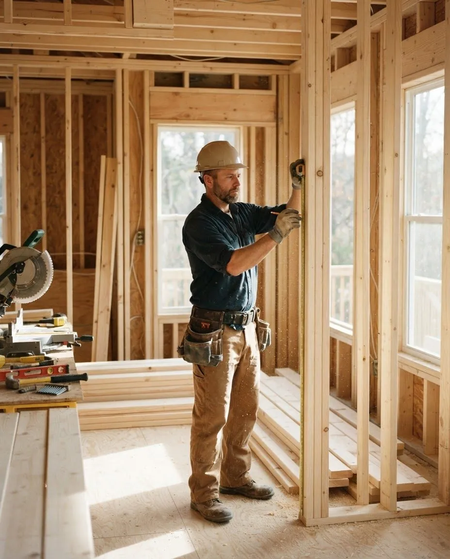 Carpenter measuring new wall framing in a home being rebuilt