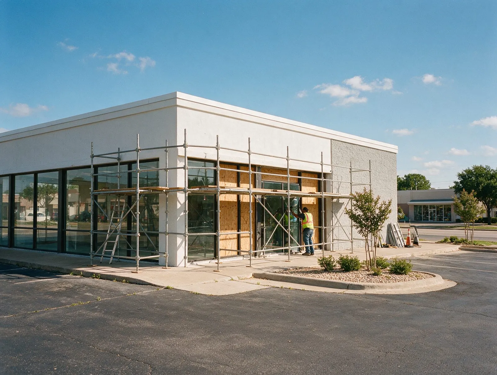 Commercial building with scaffolding during a storefront rebuild