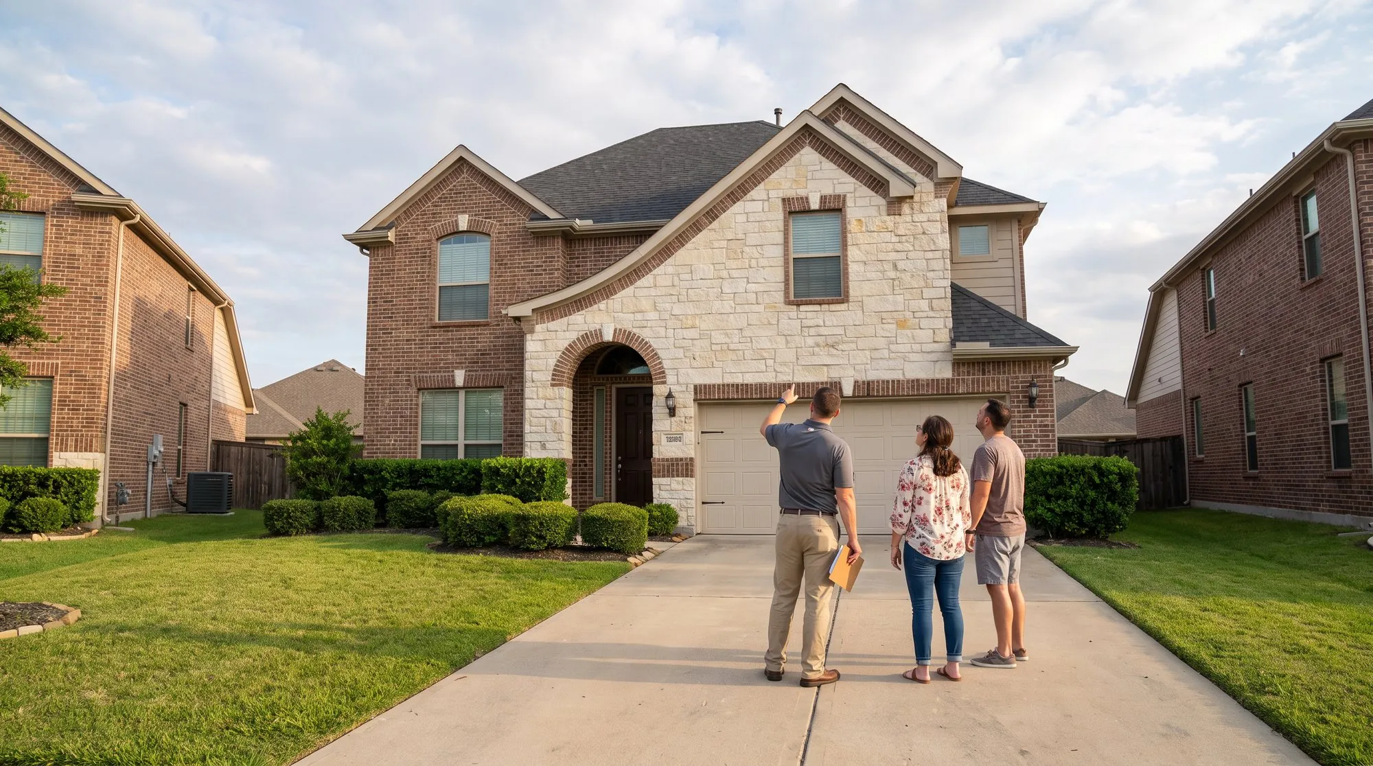 Contractor reviewing a two-story brick home with the homeowners in the driveway