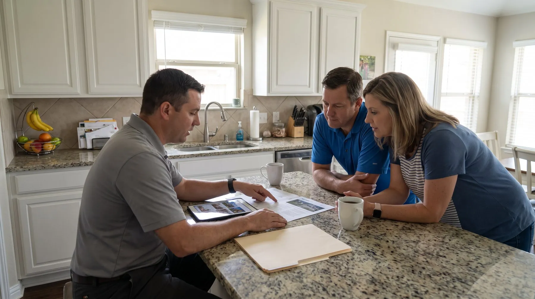 Contractor going over repair plans with homeowners at their kitchen table
