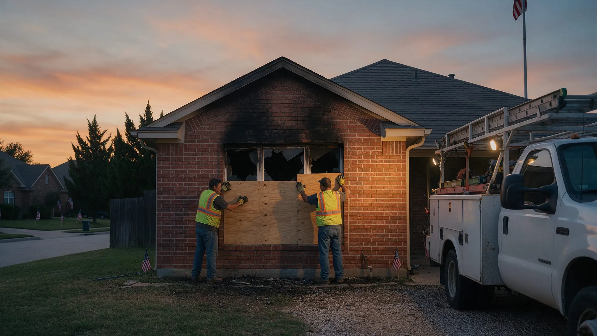 Crew boarding up the windows of a fire-damaged brick home at dusk