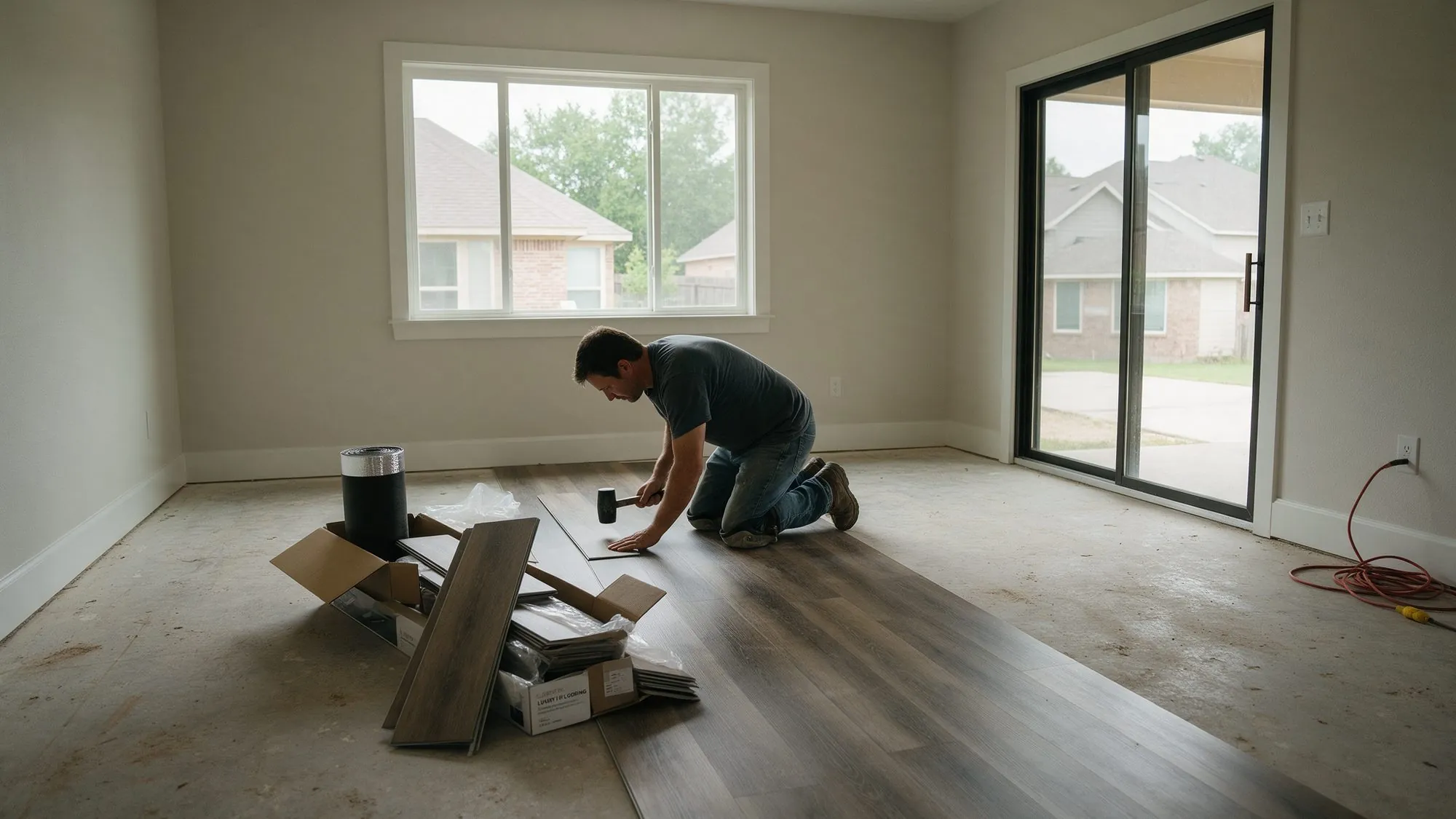 Installer laying new wood-look plank flooring in an empty room