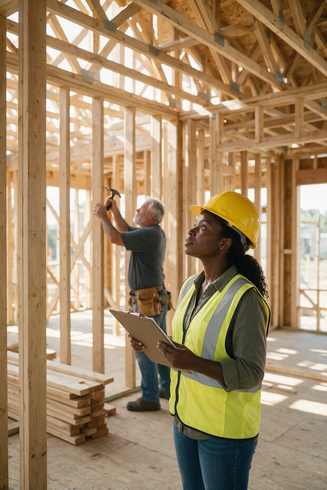 Site supervisor with a clipboard checking the framing of a new build while a carpenter works