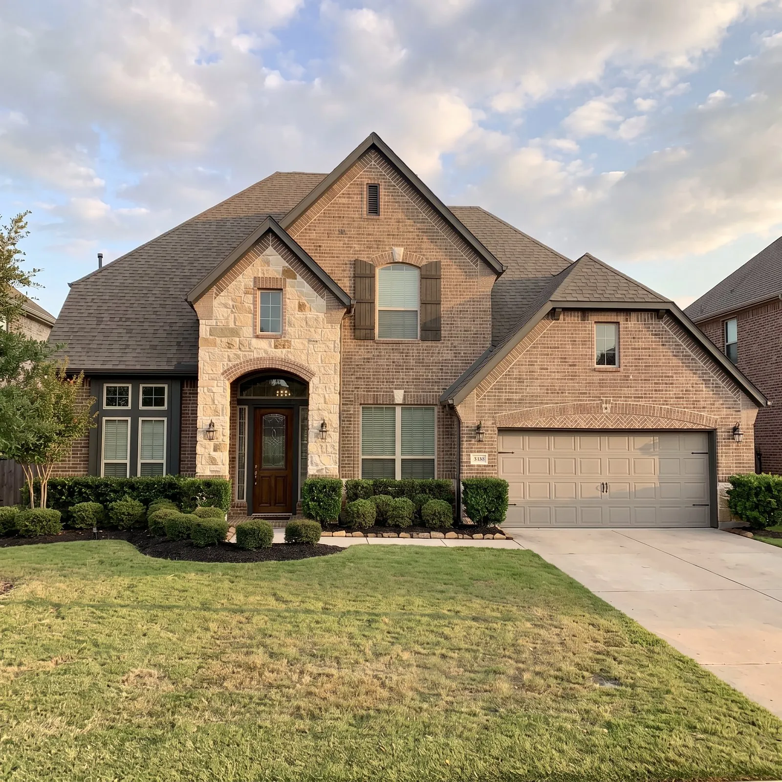 Finished two-story brick and stone home with a green front lawn
