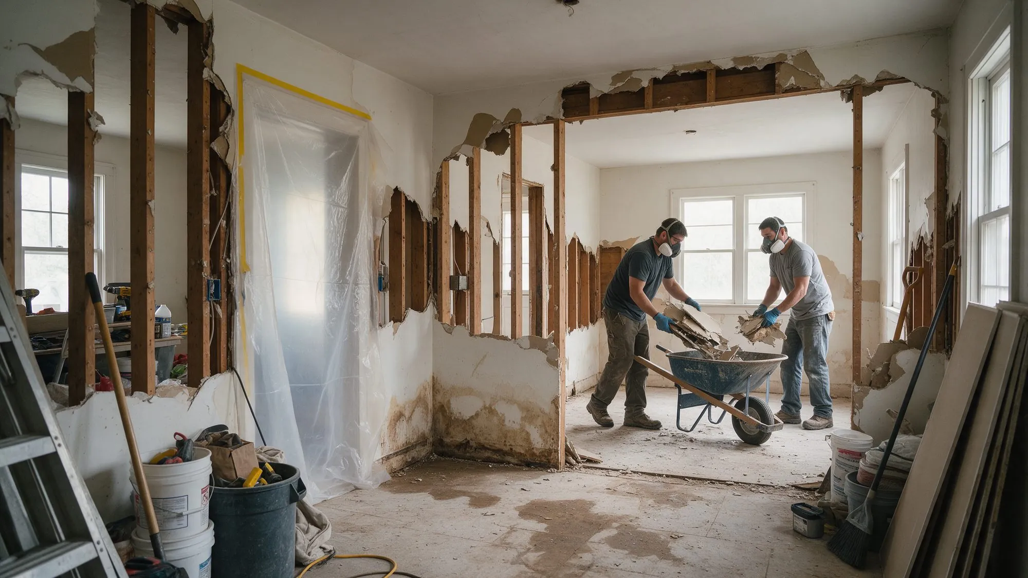 Crew removing water-damaged drywall during interior demolition
