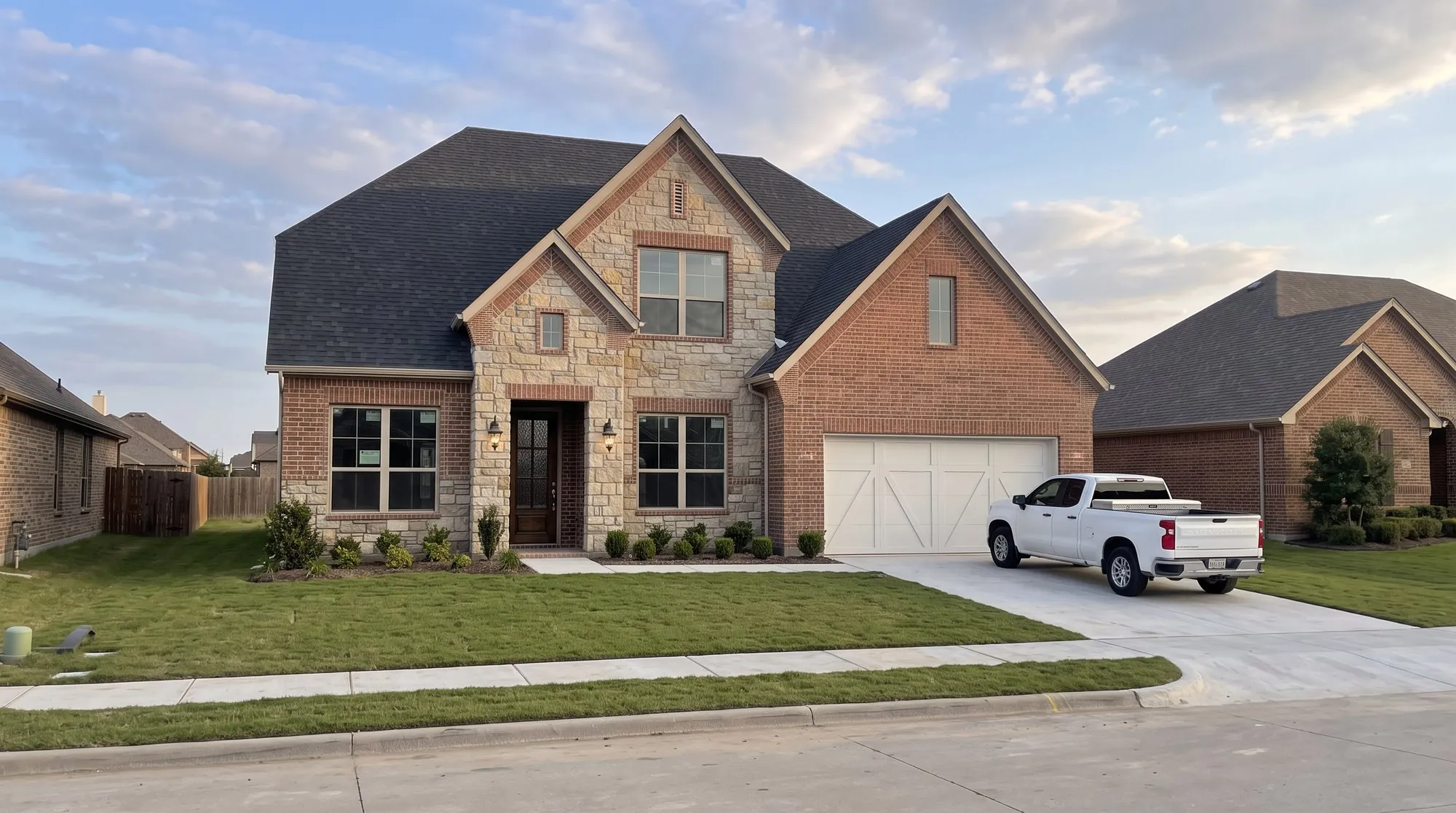 Newly built two-story brick and stone home in a DFW subdivision