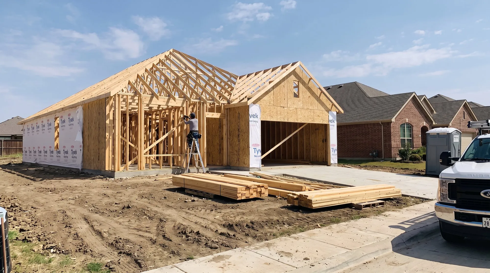 New home under construction with wood framing and roof trusses