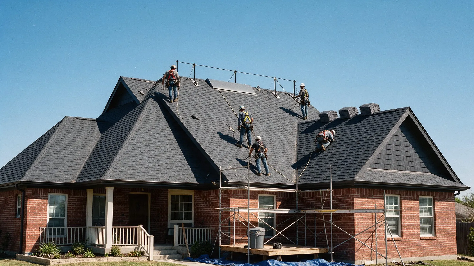 Roofing crew installing new shingles on a brick home