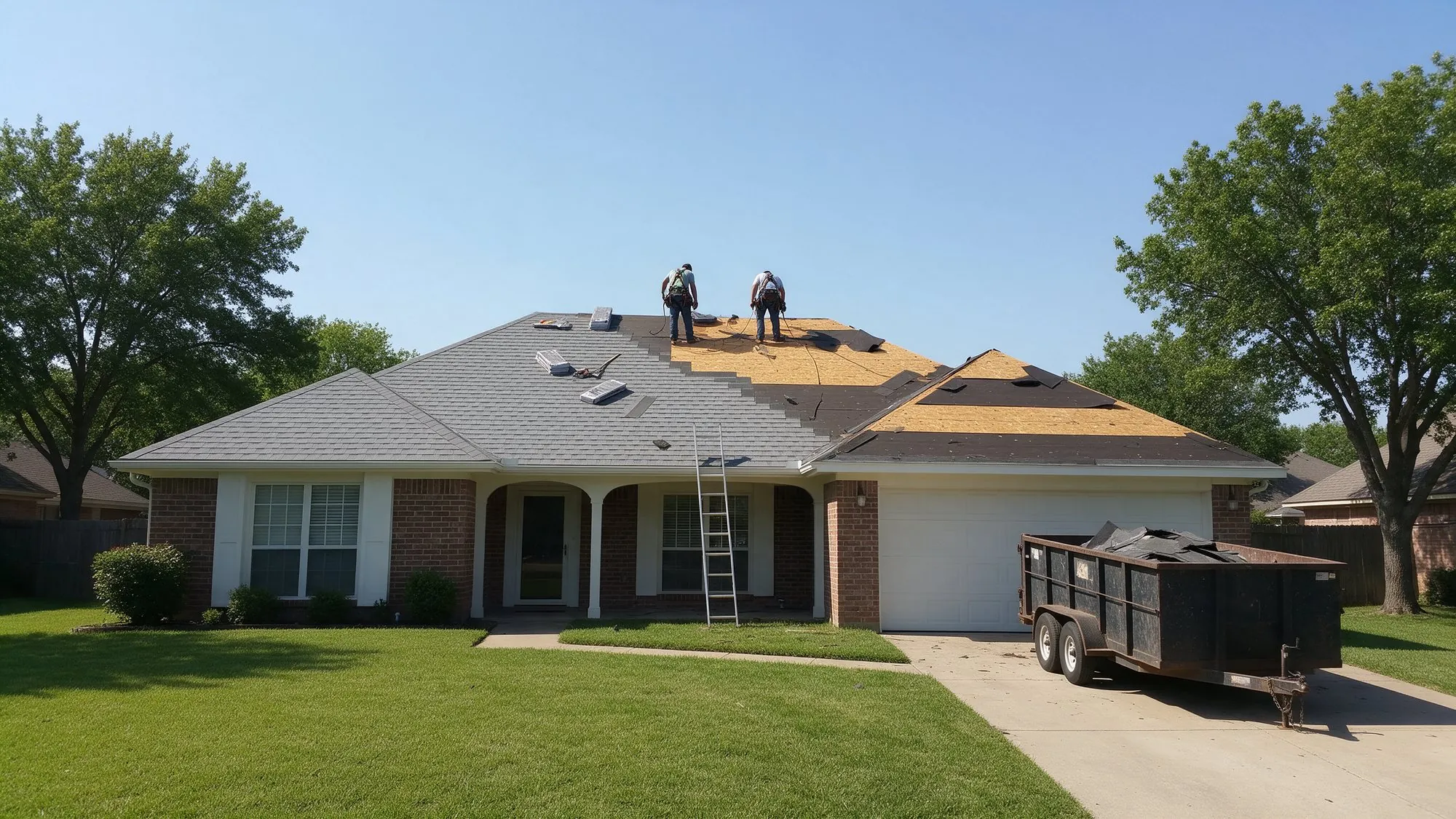 Roofers replacing a storm-damaged roof on a single-story home