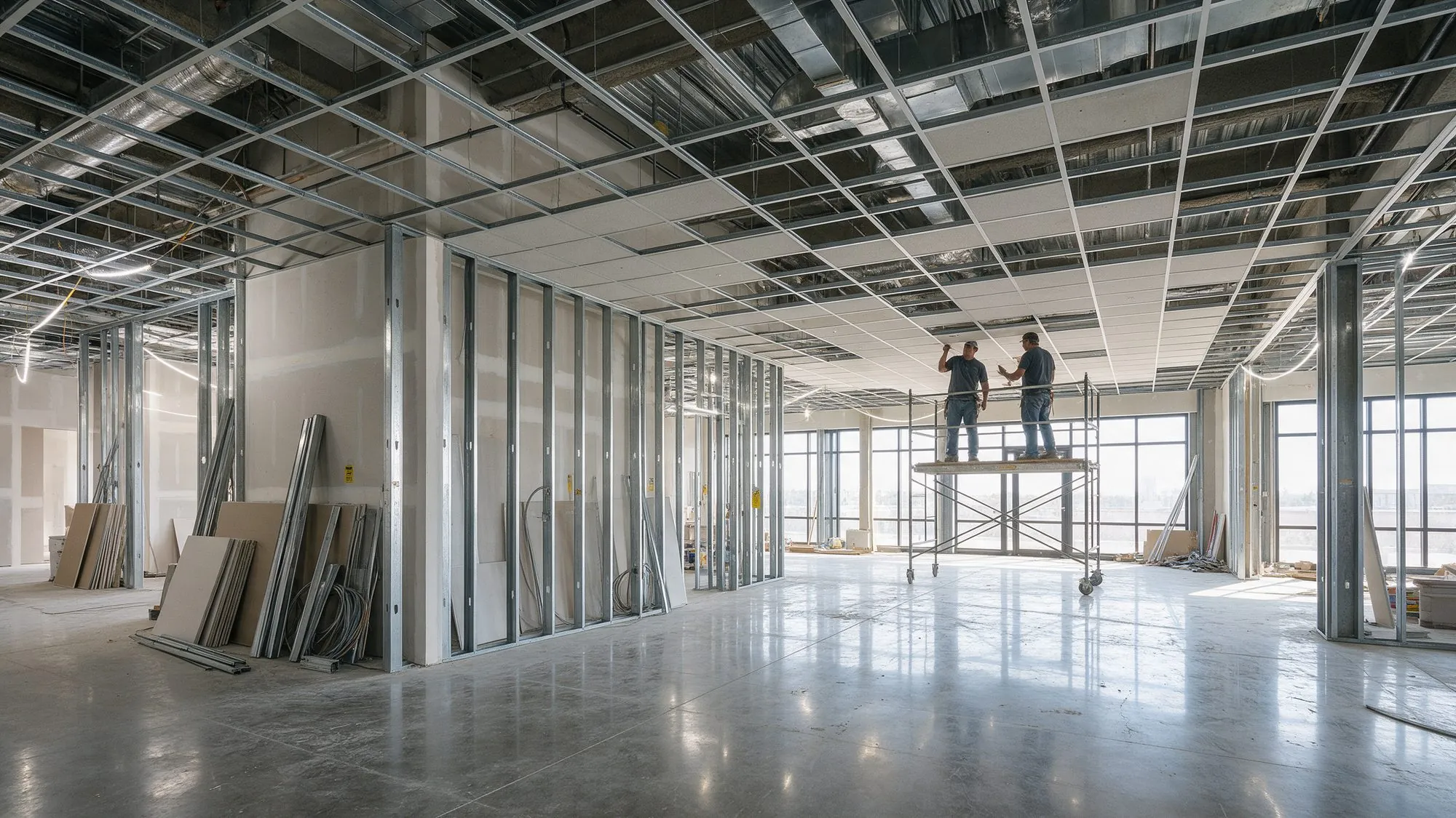 Commercial tenant finish-out with new metal stud walls and ceiling grid